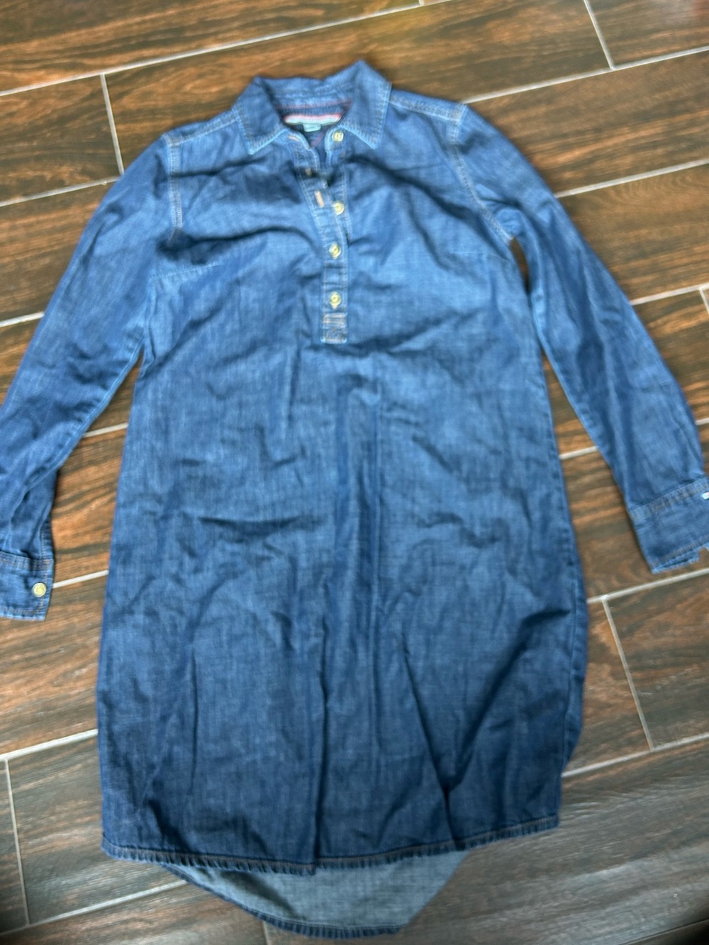 Tommy Hilfiger Dark Blue Denim Long Sleeve Shirt Dress w/ Gold Buttons
